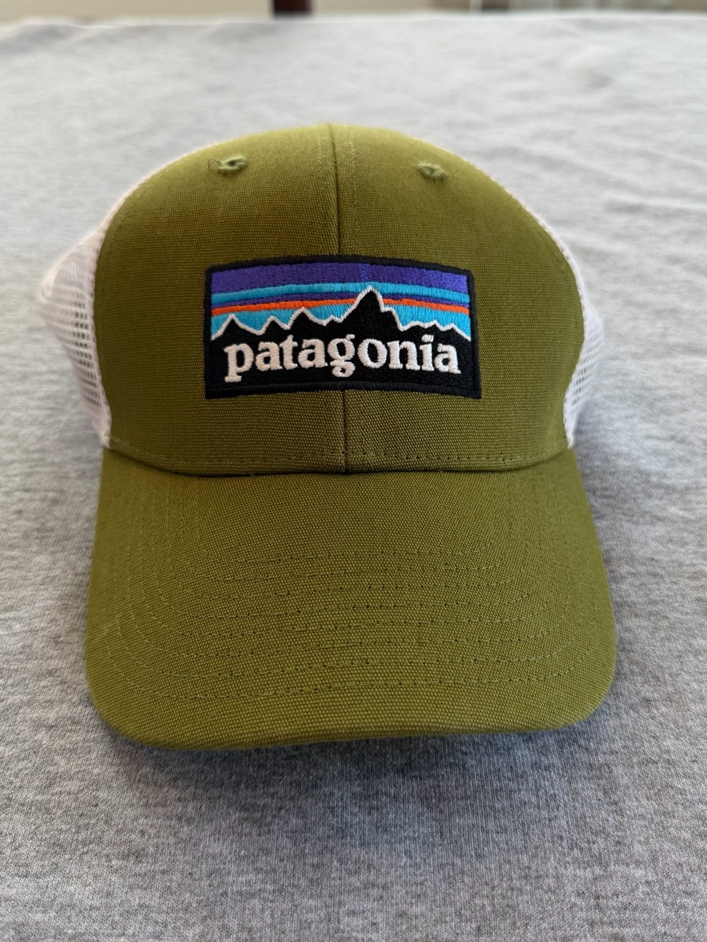 Patagonia Olive Green and White Trucker Hat with Colorful Logo- Small